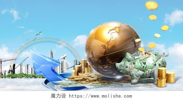 金色金币硬币球体地球金融展板背景金融背景
